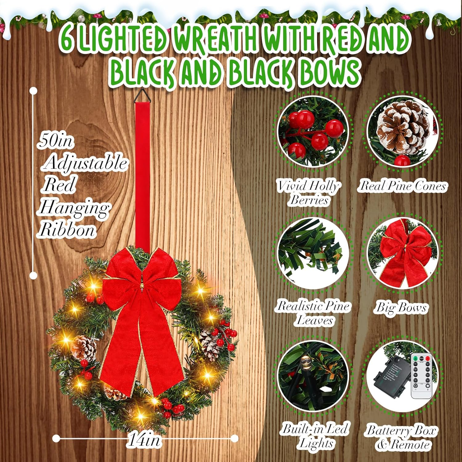 Ceenna Set of 6 Prelit Lighted Christmas Wreath 15 Inch Prelit Christmas Wreath with Large Buffalo Bow Battery Operated with 8 Modes Timer Remote Holiday Indoor Outdoor Decor(Retro)